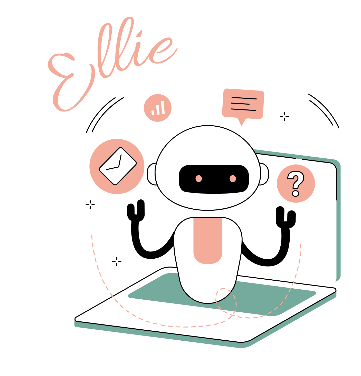 A cartoon illustration of a robot sitting on top of a laptop computer.