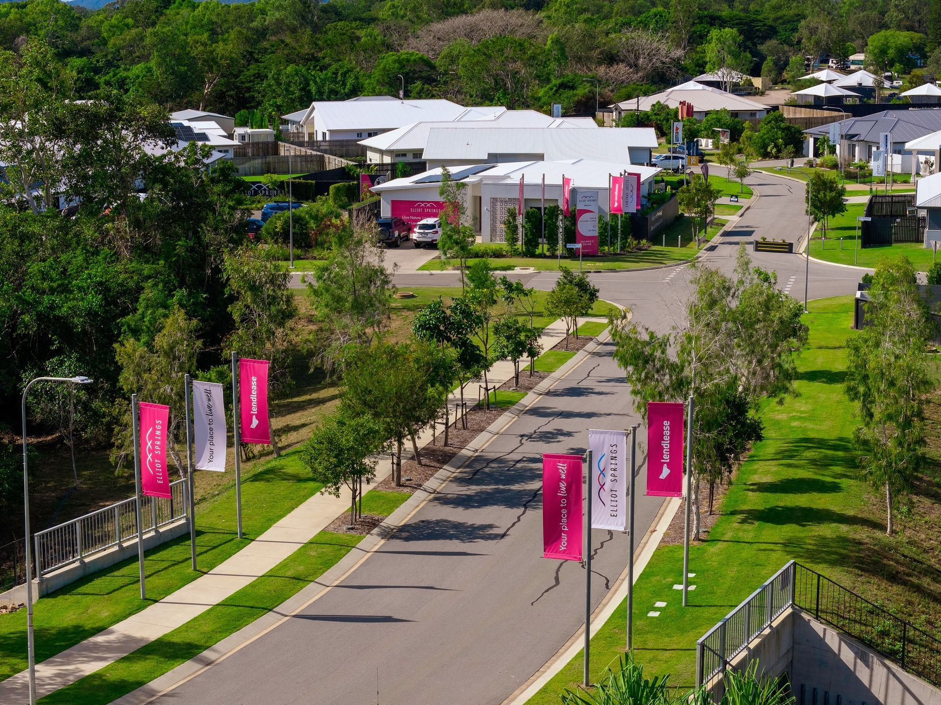 Tree-lined Road Leading to White Buildings — UAScend Aerial Solutions in Townsville, QLD