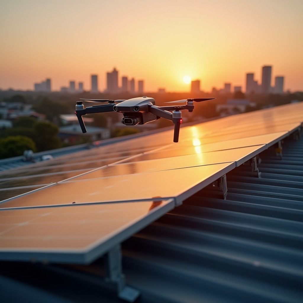 Drone Hovering Above Solar Panels at Sunset With a City — UAScend Aerial Solutions in Townsville, QLD