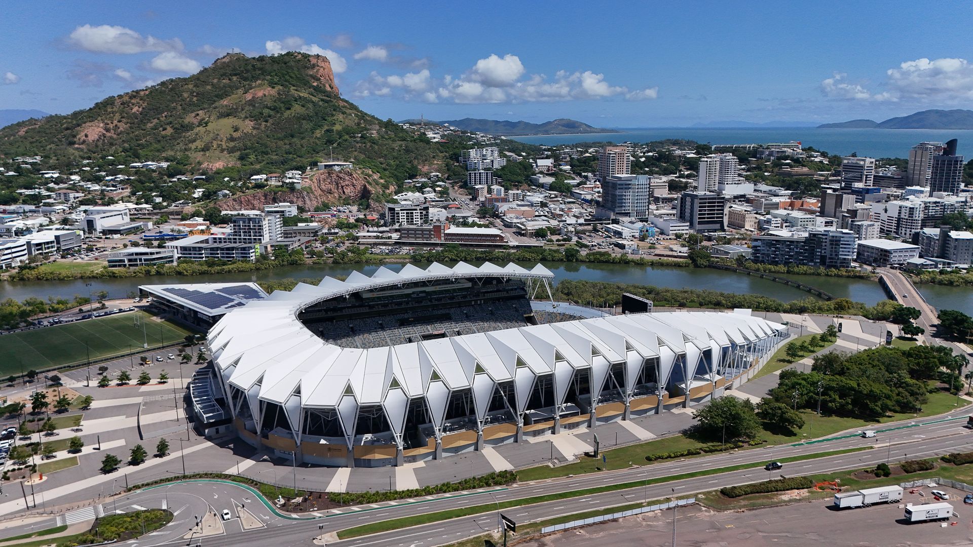 Aerial View of a Modern Stadium With a White Roof — UAScend Aerial Solutions in Townsville, QLD