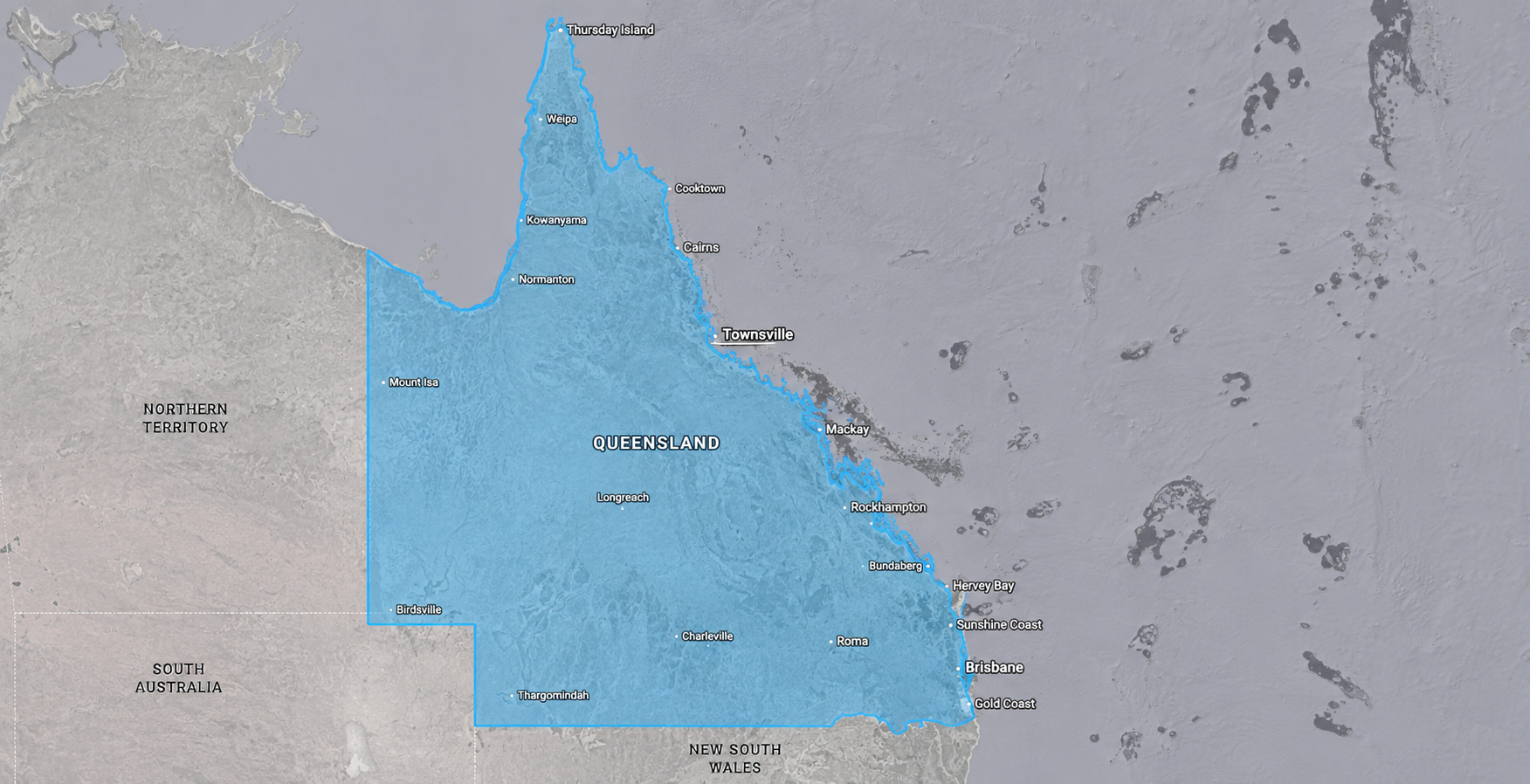 Blue Shaded Map Region on a Gray Map Background — UAScend Aerial Solutions in Townsville, QLD