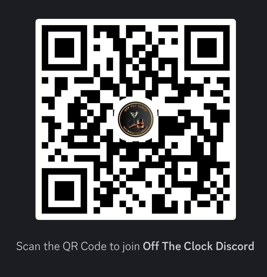 QR code to join the Off The Clock Discord server. In the center is the server's logo.