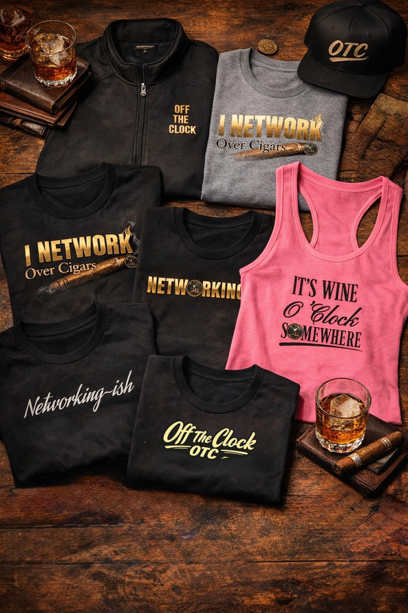 Black t-shirts with gold and white text: 