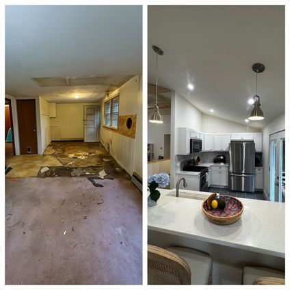 Before-and-after of a kitchen renovation. Old space has damaged floor; new space has white cabinets, island, stainless steel appliances.