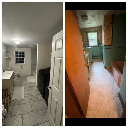 Bathroom renovation before and after: a modern, bright bathroom versus an older style with wallpaper.