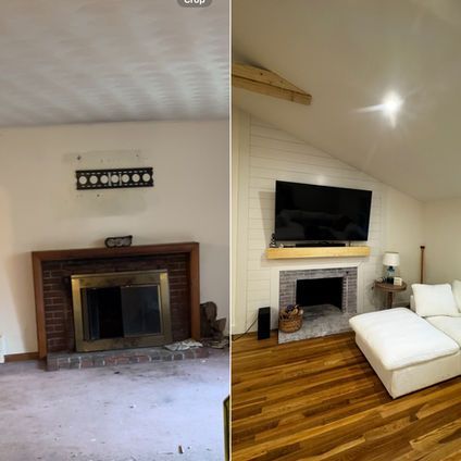 Before-and-after of a living room renovation. Old room has brick fireplace, beige walls, and worn carpet. New room features hardwood floors, white walls, and a large TV.