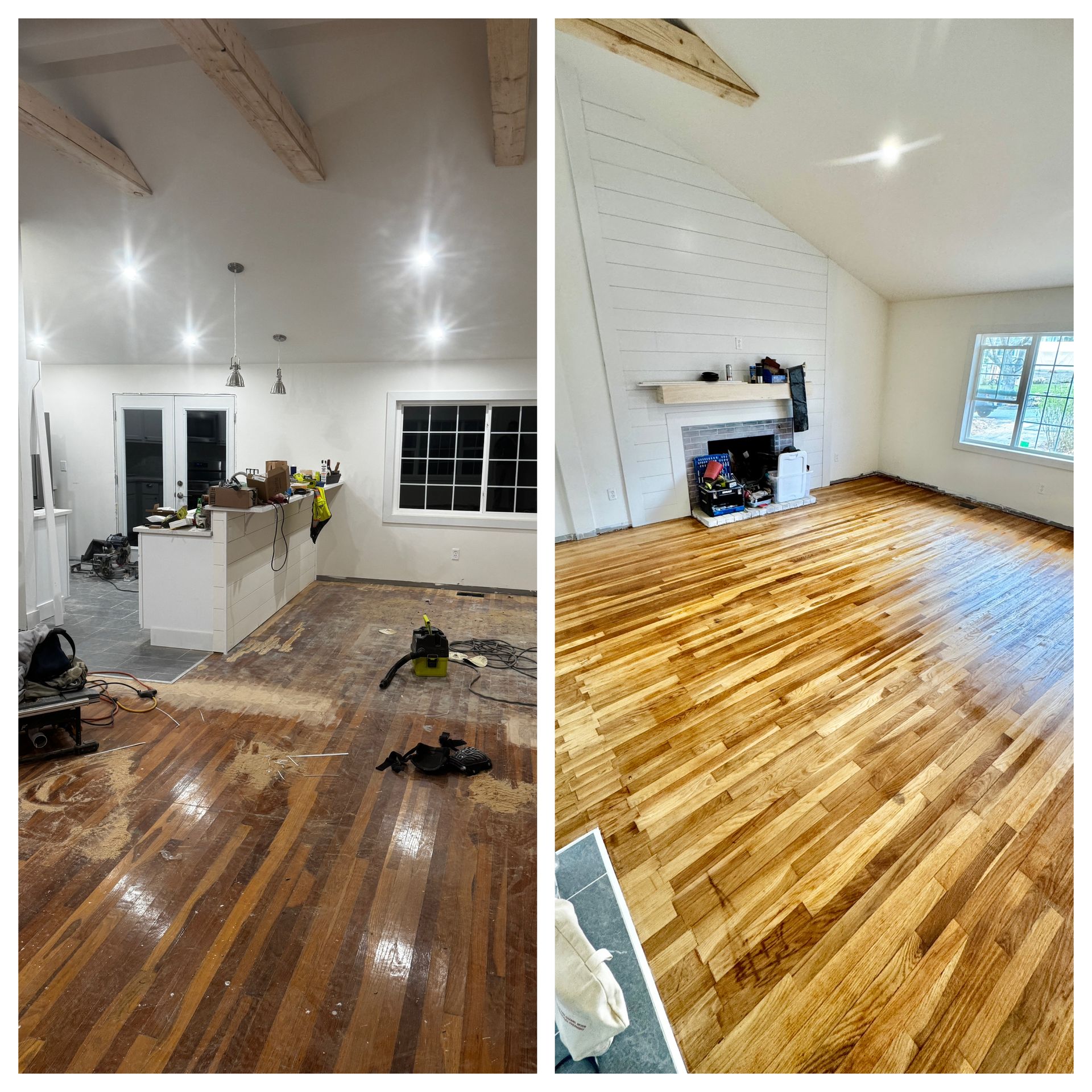 Before and after photos of a renovated room with hardwood floors, white walls, and a fireplace.