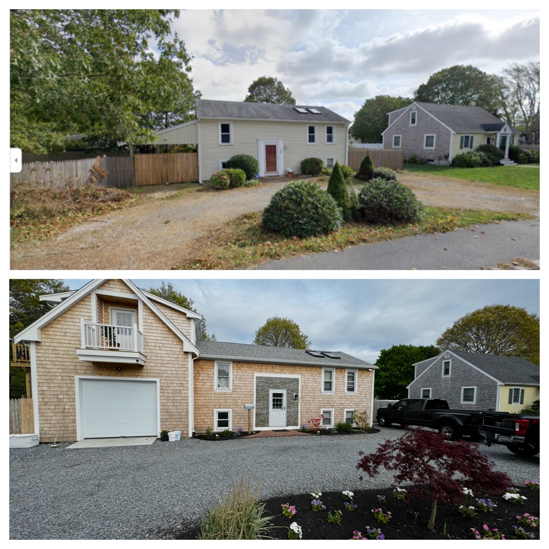 Top: Before and bottom: after, of a house with a driveway. House has been remodeled, with a new garage and cedar shingle siding.