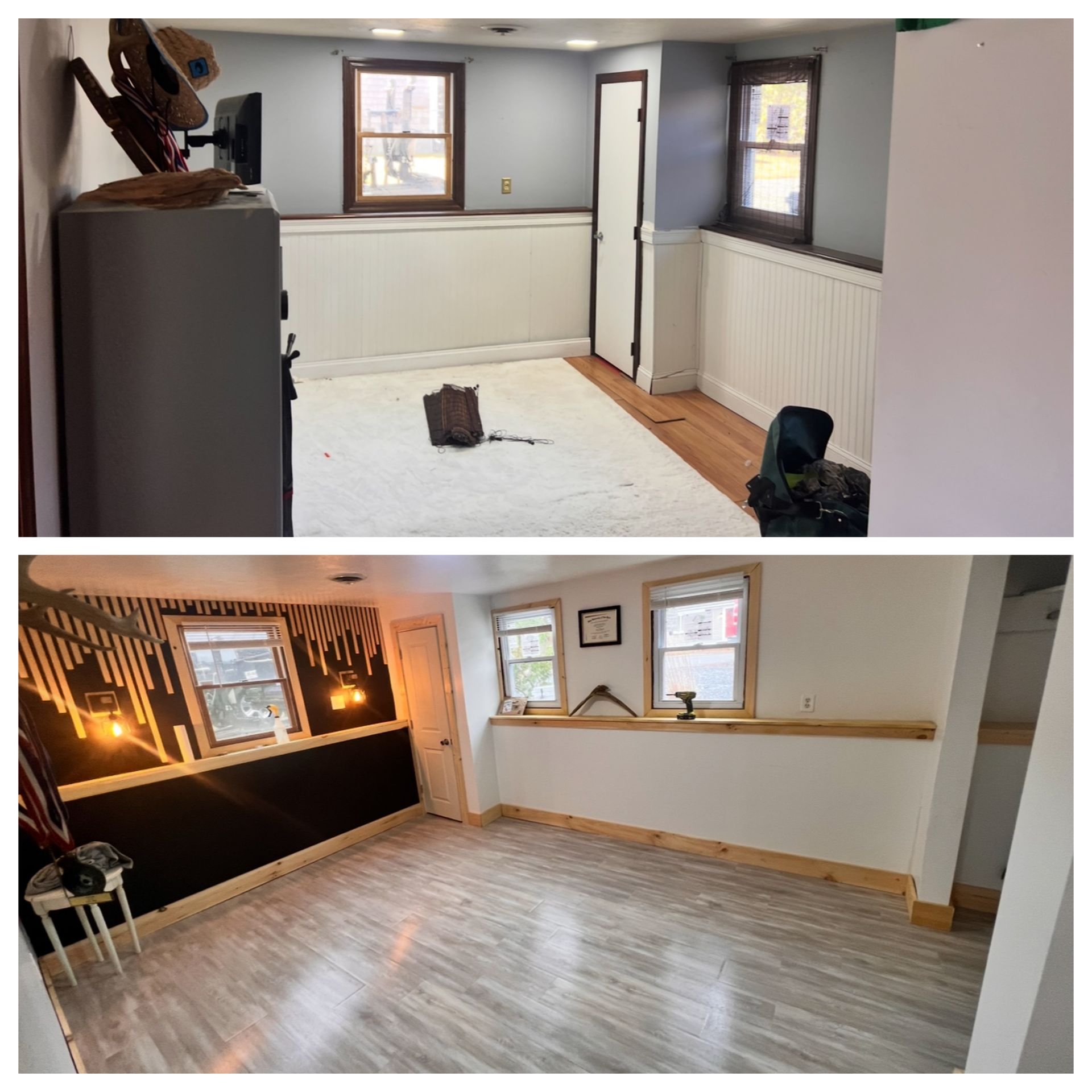 Room renovation before and after: white wainscoting and carpet transforms to gray wood flooring and black accent wall with hanging lights.