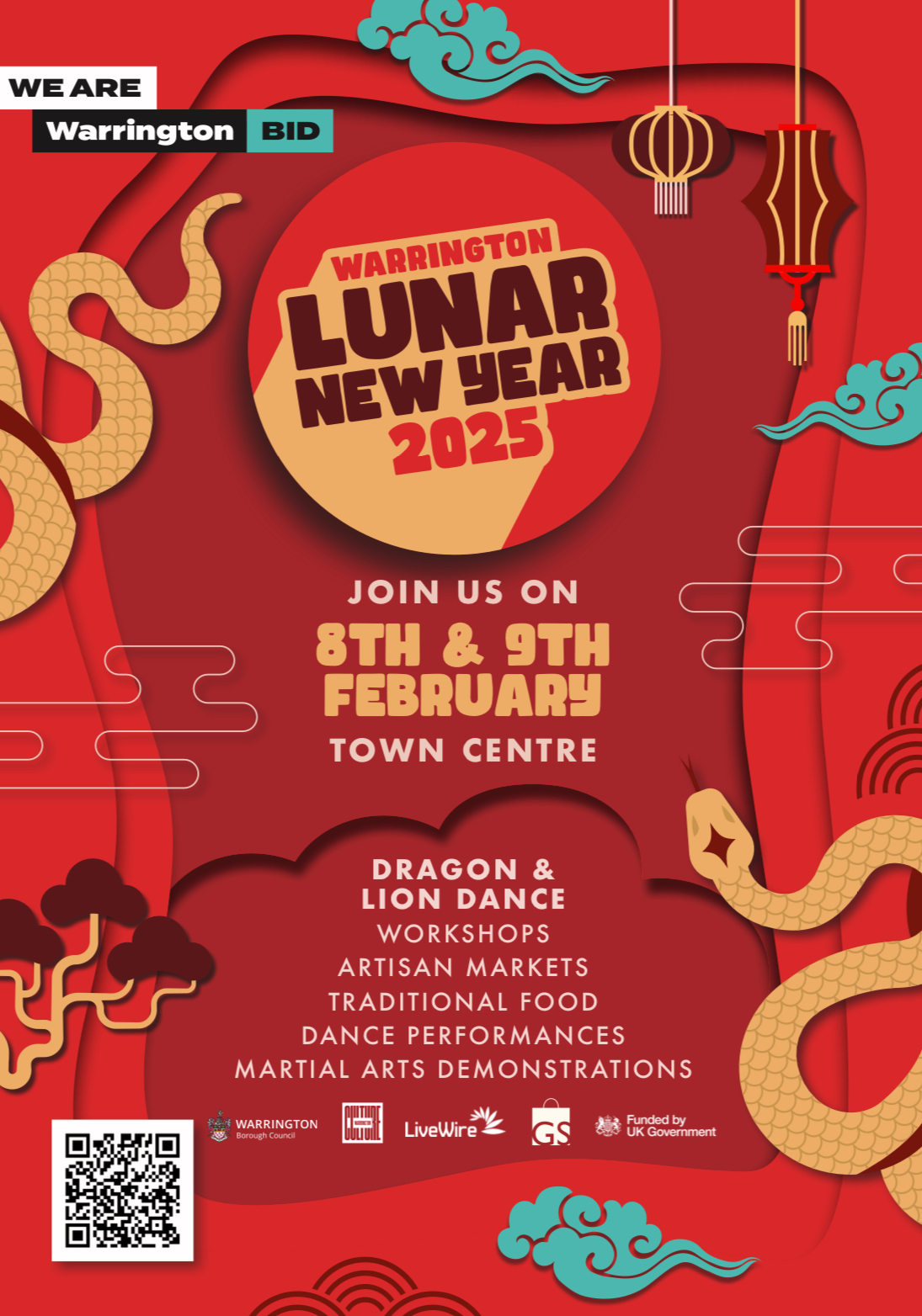 Poster for Warrington Lunar New Year 2025. Red with gold accents, includes date, activities, and location: town centre.