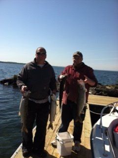 Two men are standing on a dock holding fish