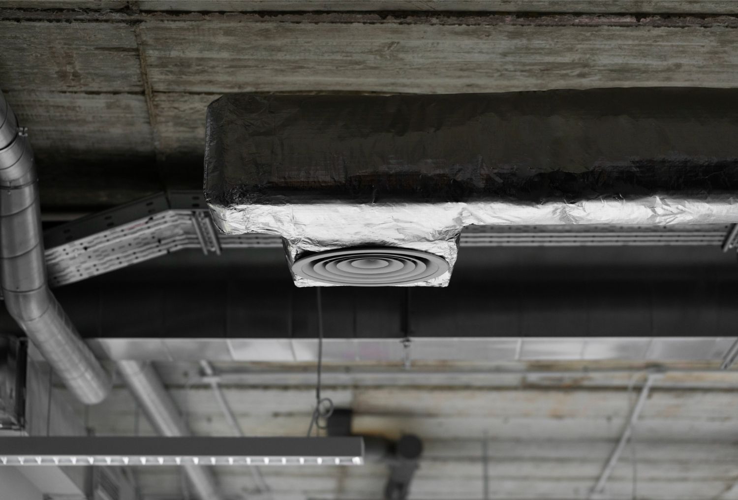 Gray HVAC ductwork and vent against a concrete ceiling in an industrial building.