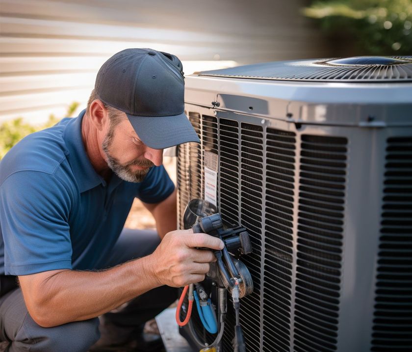 HVAC units on a rooftop, one with gauges connected for service.