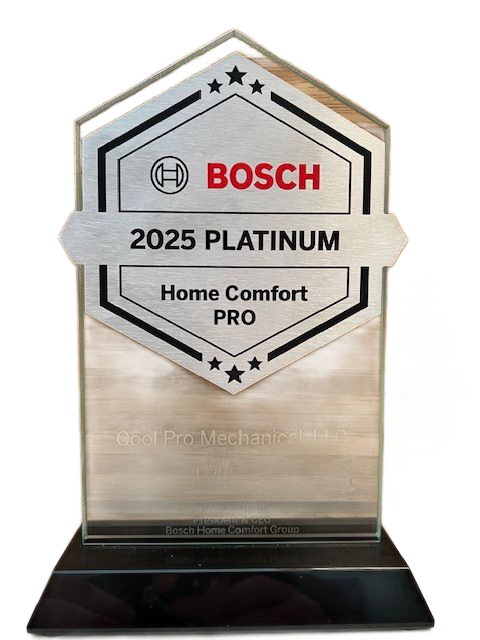 Bosch 2025 Platinum Home Comfort PRO award on a black base. Silver and gray shield with stars and brand logo.