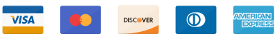Logos for Visa, Mastercard, Discover, Diners Club, and American Express credit cards.