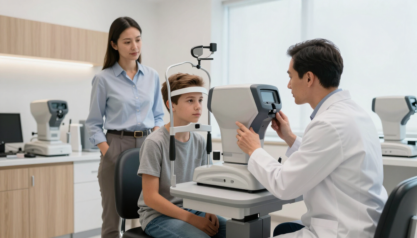 Eye exam in a clinic, with a patient wearing a head band and doctor examining his eye with a handheld device.