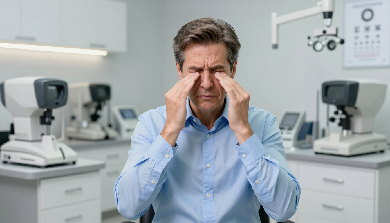 Man rubbing his eyes in a bright medical office, with exam equipment in the background