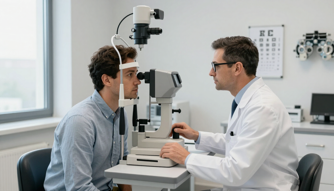 Optometrist examining a patient with a slit lamp in a bright clinic