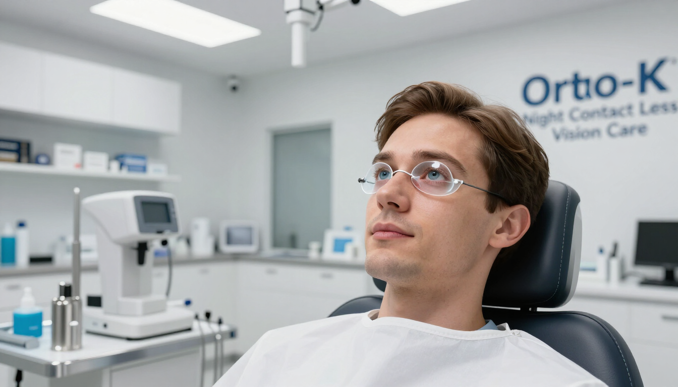 Person in an eye clinic wearing glasses, seated in an exam chair with testing equipment nearby.