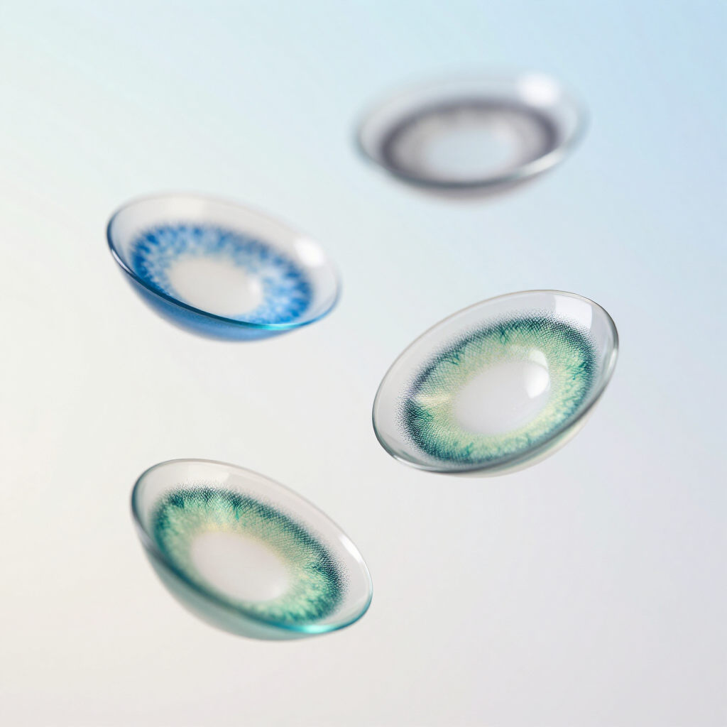 Four translucent ring-shaped discs in blue, green, and gray floating on a white background