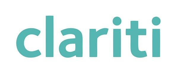 Turquoise “clariti” logo on a white background