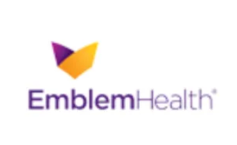 EmblemHealth logo with purple and orange butterfly icon and purple wordmark on a white background
