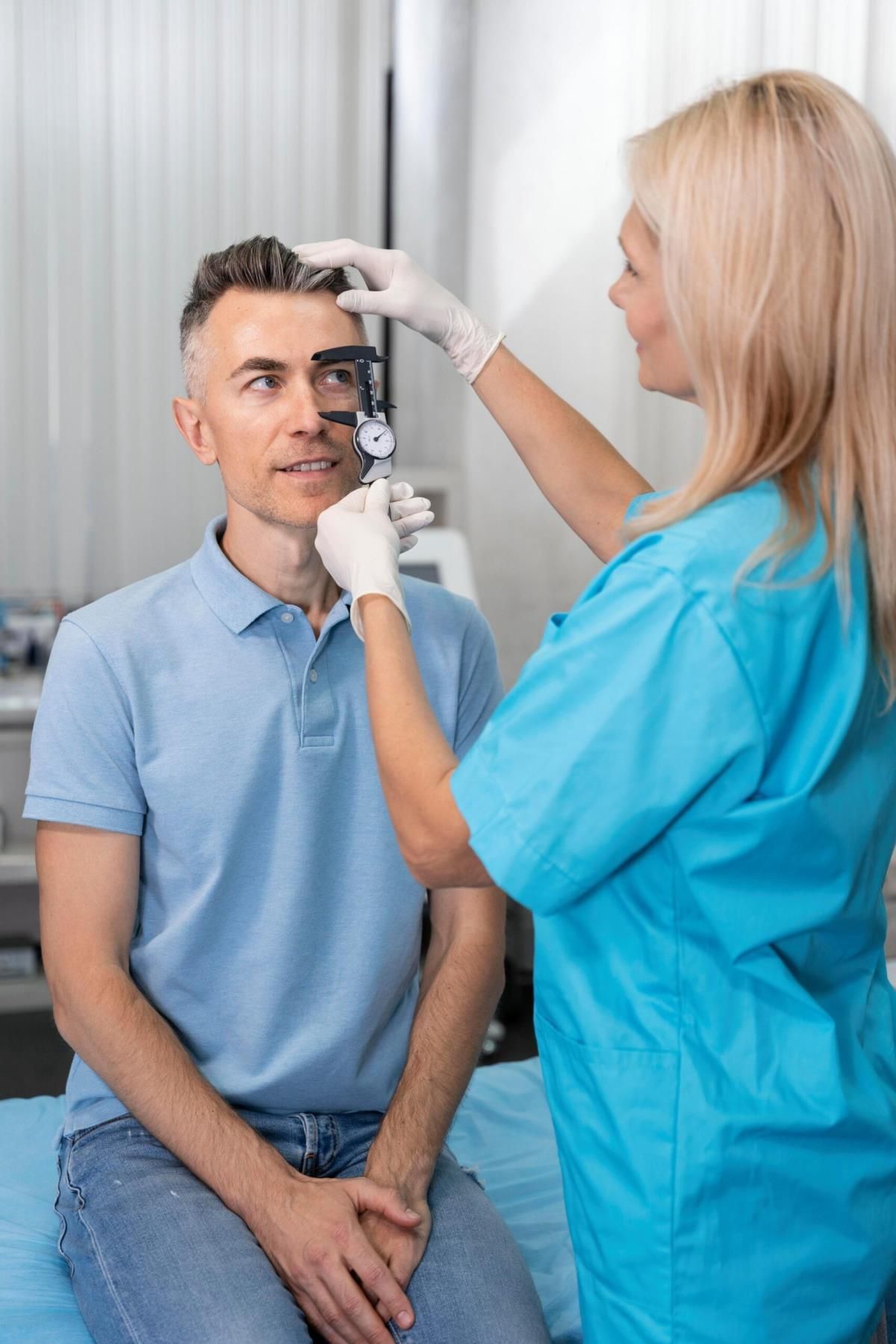 Optometrist checking a seated patient’s eye with a phoropter in a clinic