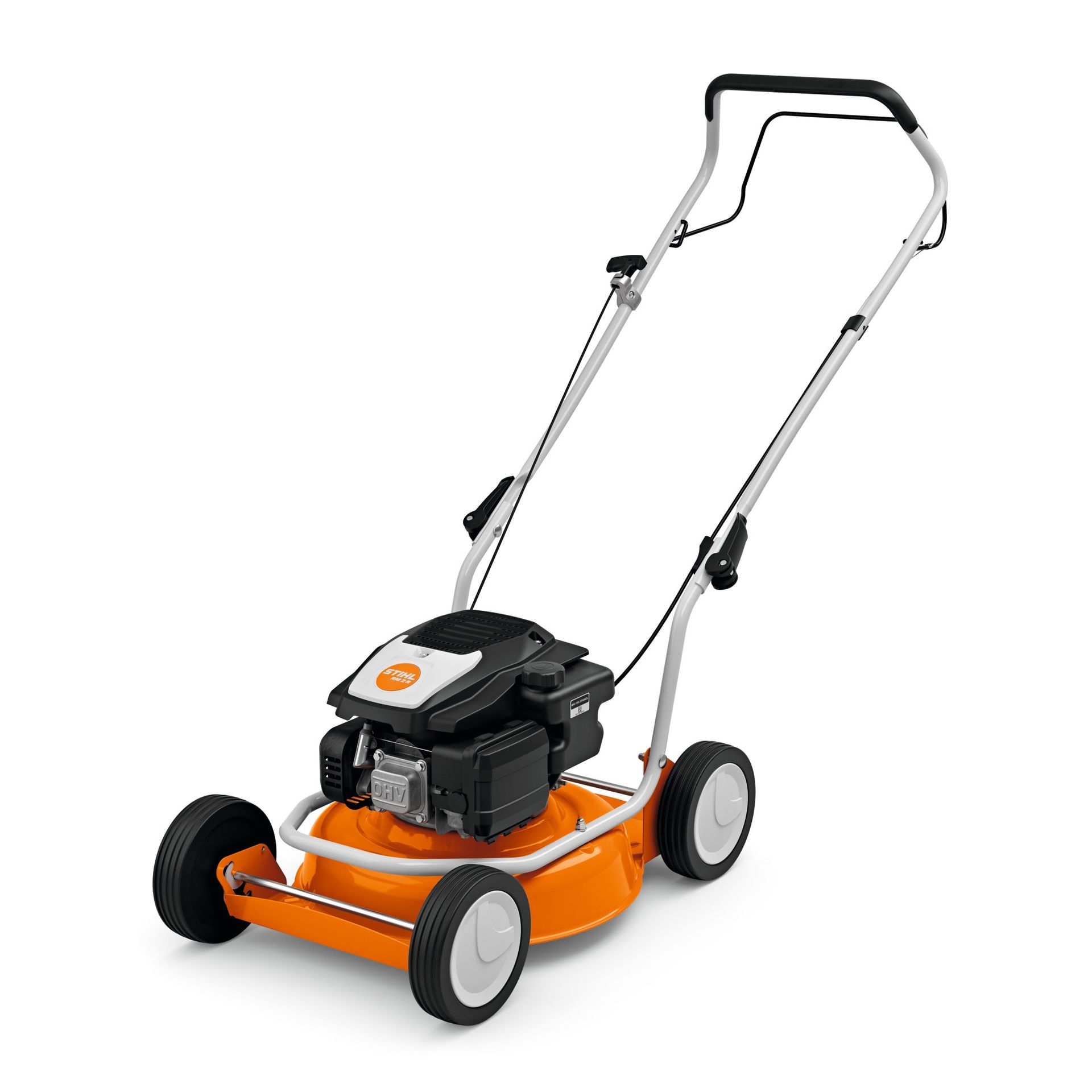Cortacésped naranja y blanco con motor negro y mango plateado, listo para cortar el césped.
