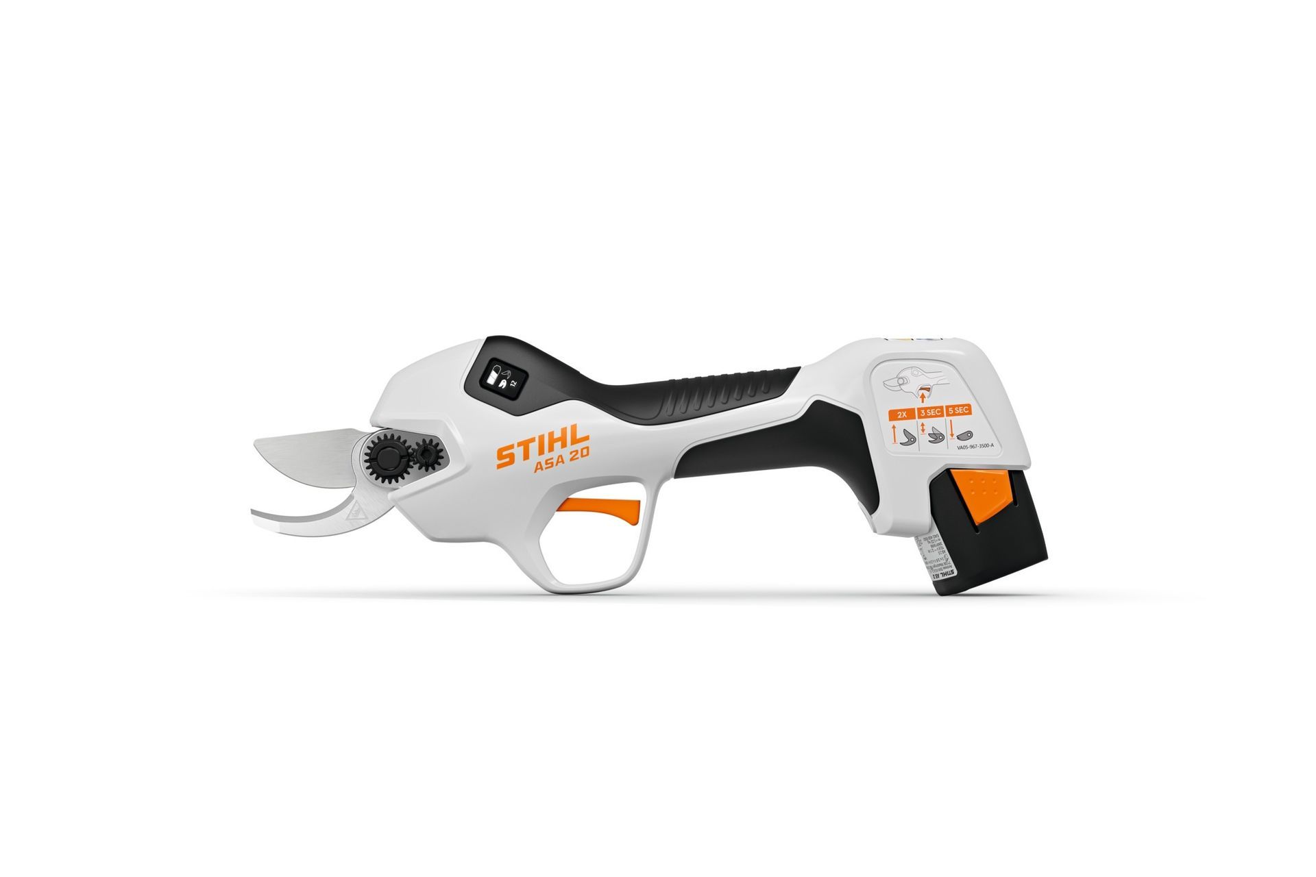 Tijeras de podar inalámbricas STIHL ASA 20 blancas y negras.