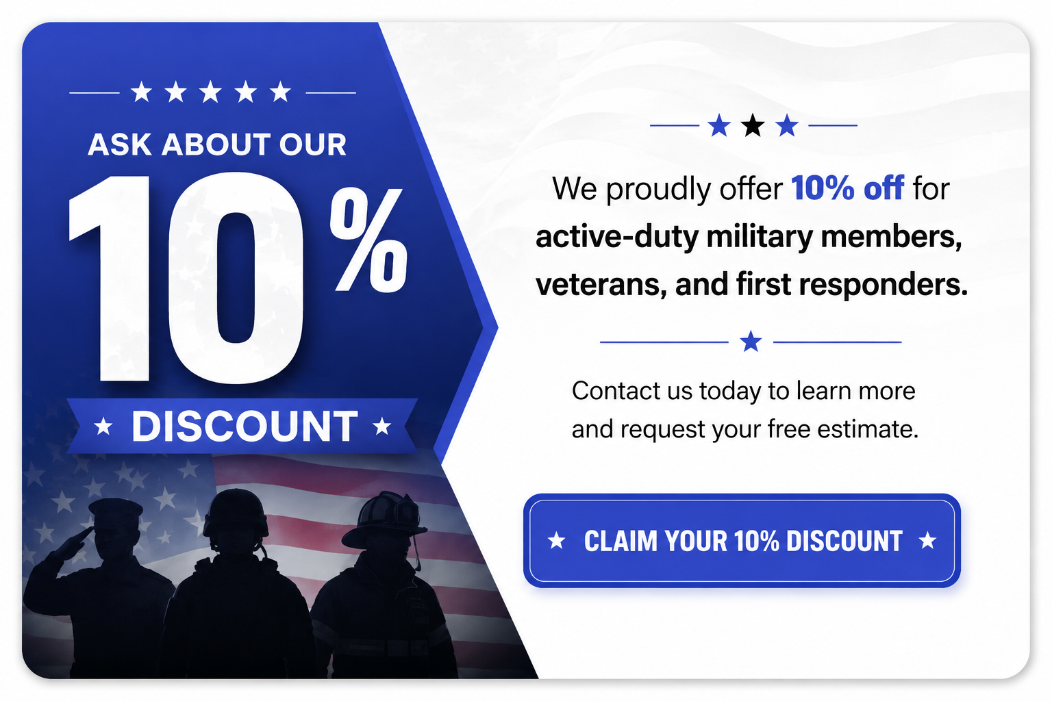 Blue and white 10% discount ad for veterans, military members, and first responders with claim button