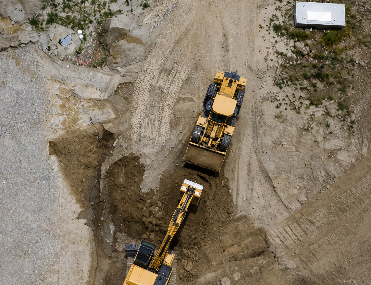 Two yellow excavators on a dirt construction site with houses in the background
