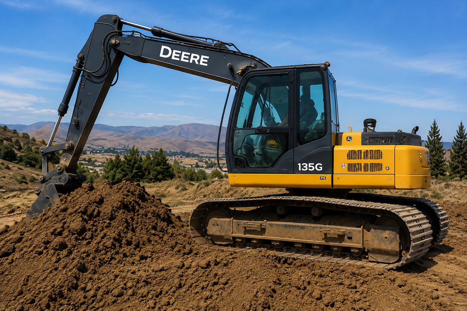 Yellow excavator digging a trench in a dirt field with mountains and trees in the background