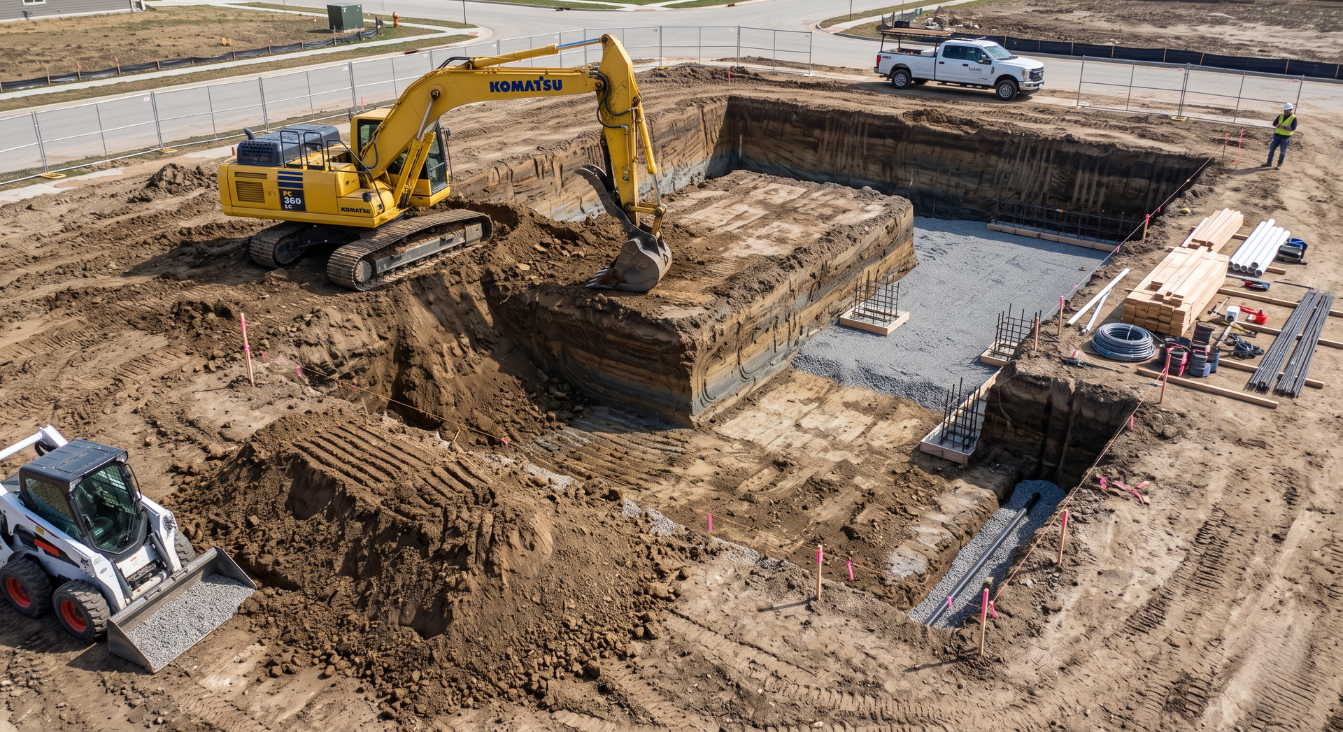 Yellow excavator digging a dirt mound at a construction site outdoors