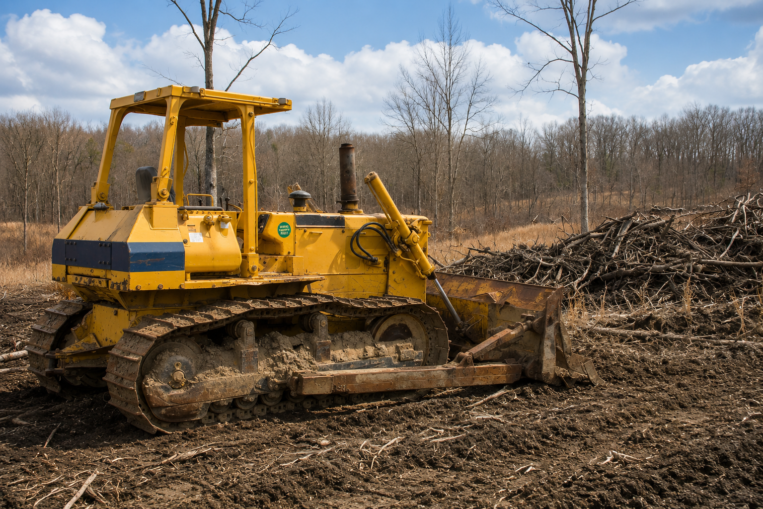Tractor and dump truck unloading crop debris in a harvested field at sunset