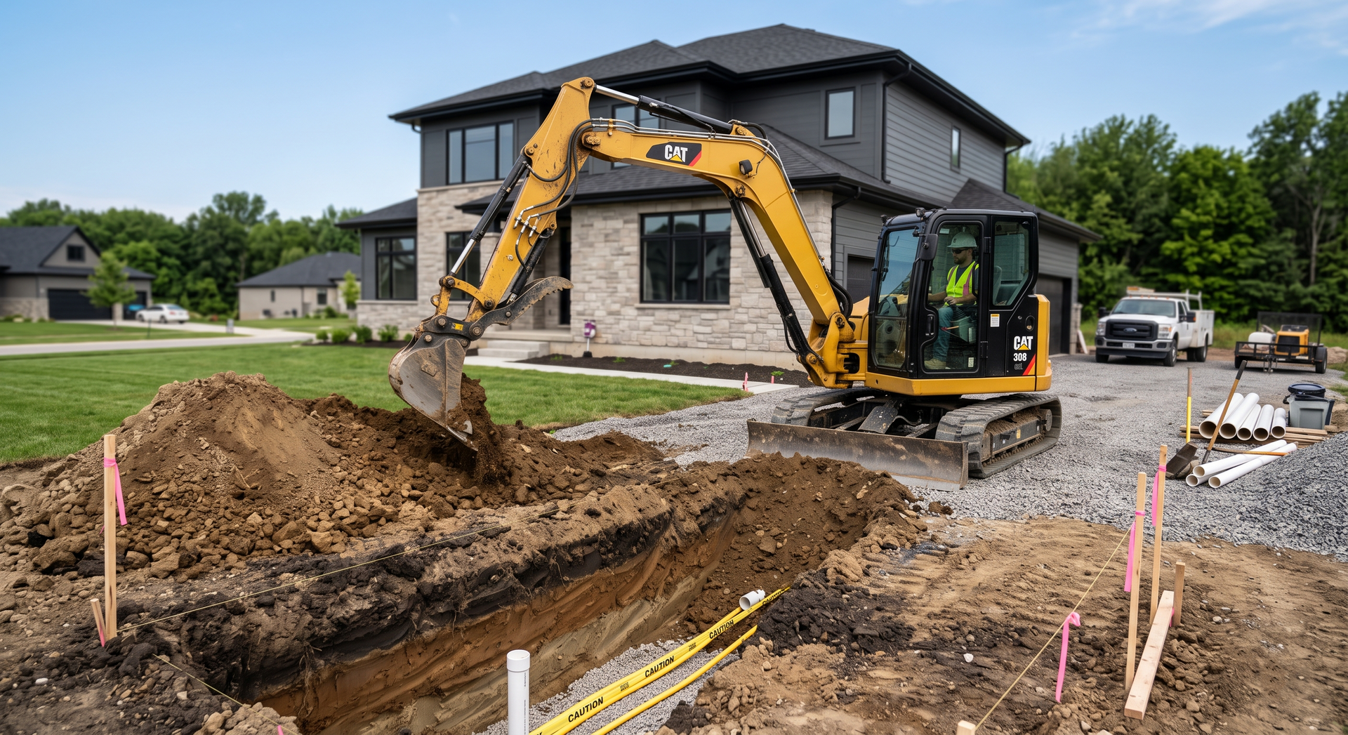 Yellow excavator on muddy ground beside a house, lifting its bucket near debris.