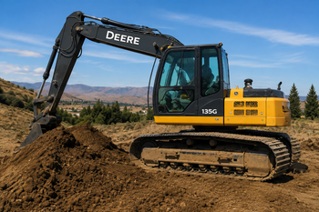 Yellow John Deere excavator digging a dirt mound in a dry construction site under a blue sky