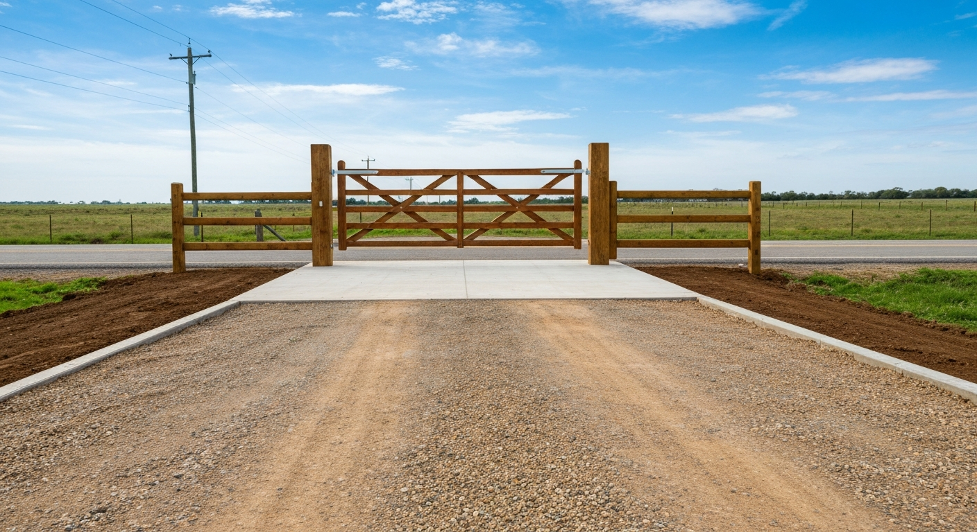 Gravel road leading to a closed wooden gate and white concrete driveway in open farmland