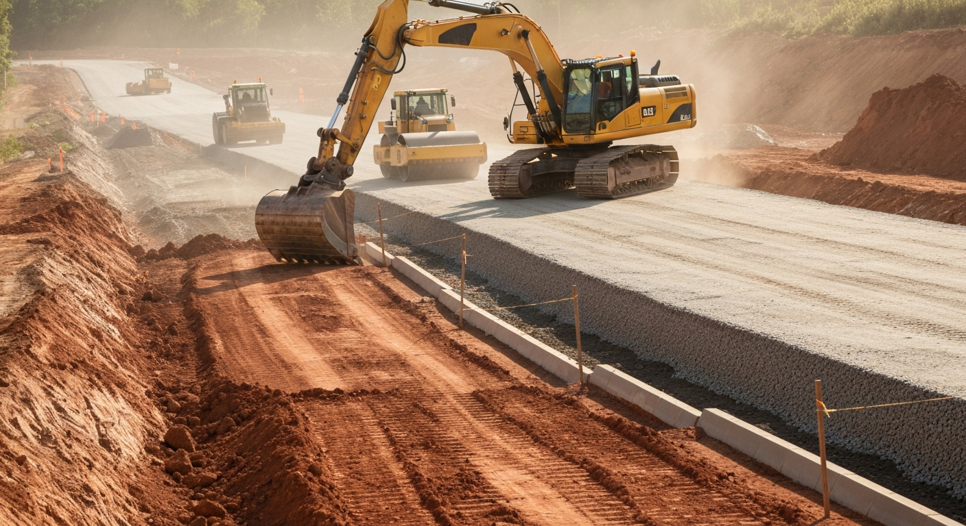 Concrete drainage culvert under a gravel road, with water flowing through a corrugated pipe.