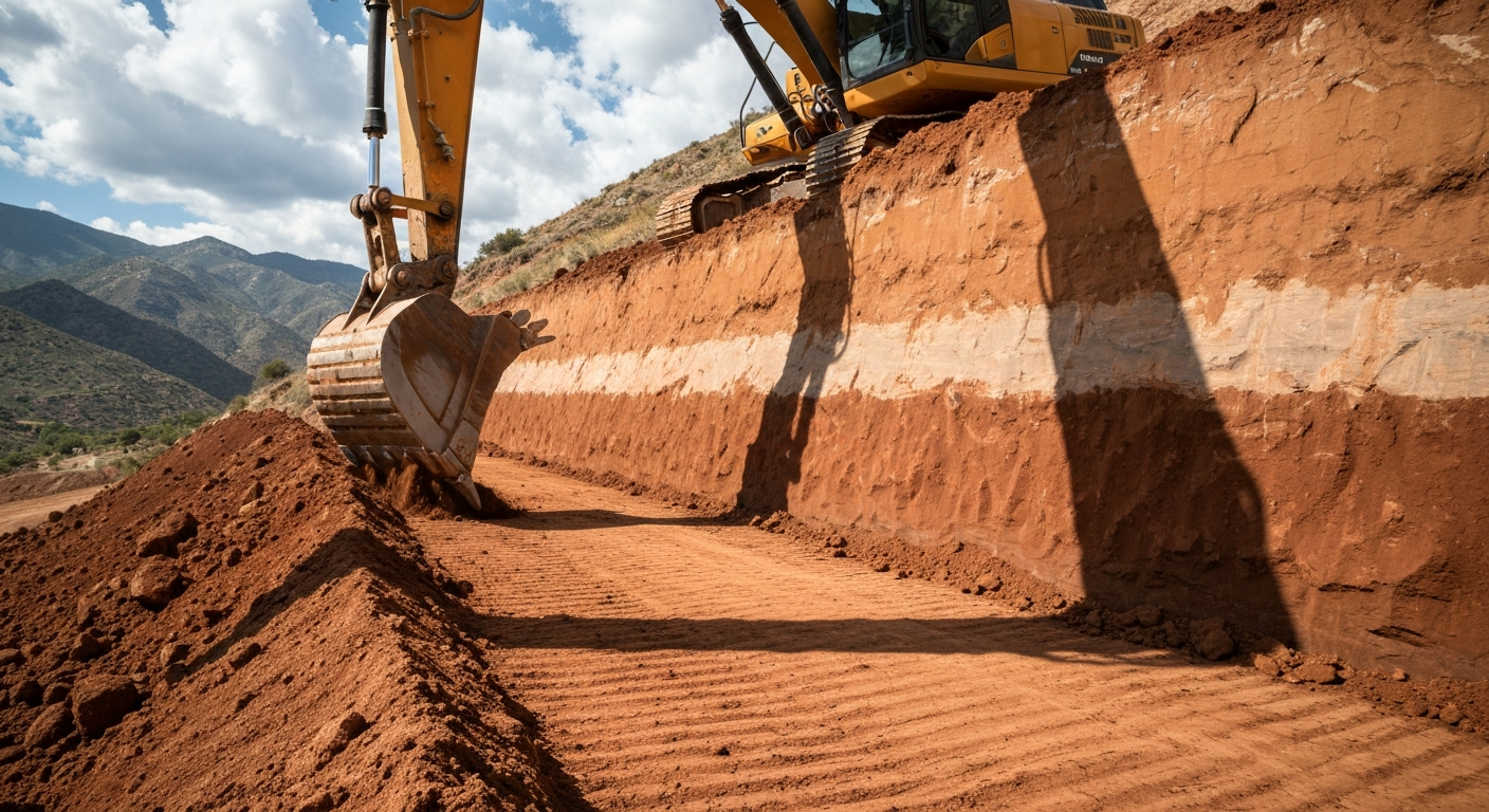 Excavator digging a dirt trench with exposed soil layers in a mountain construction site