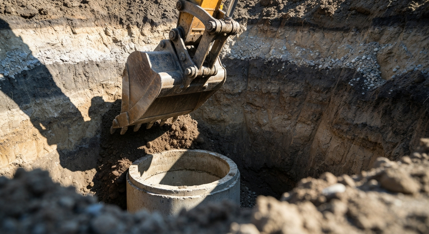 Excavator moving dirt beside a rocky embankment in a rural construction site.
