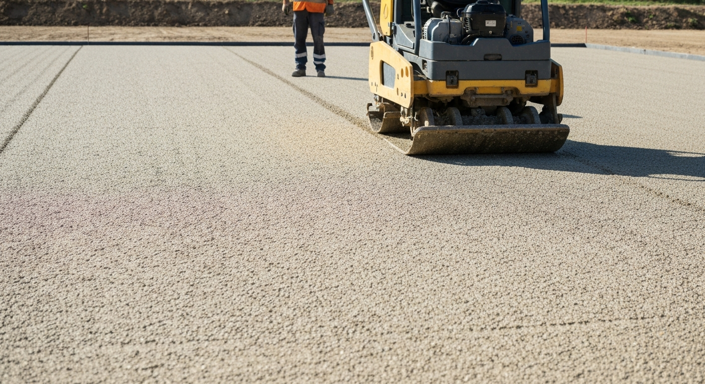 Road roller compacting fresh asphalt on a road with a worker in the background