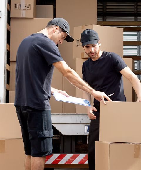 Deux hommes se tiennent devant un camion rempli de cartons