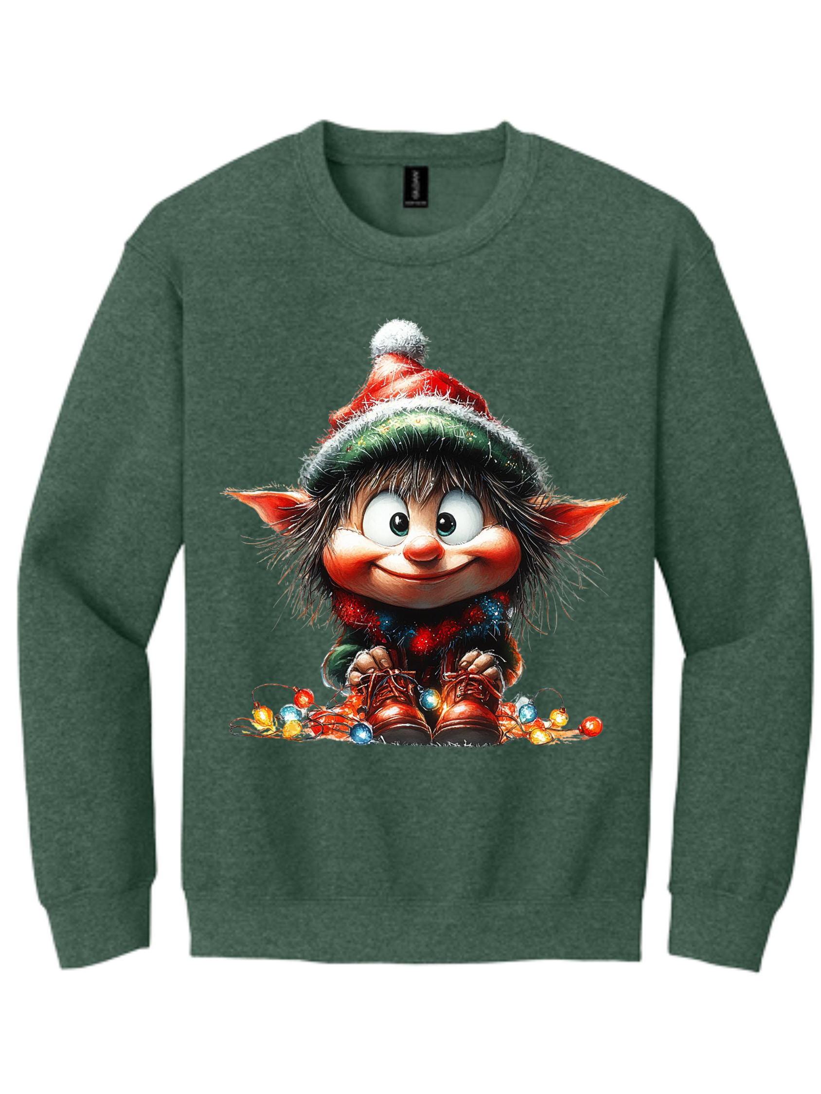 Green sweater with a smiling festive elf illustration wearing a red-and-green hat and lights