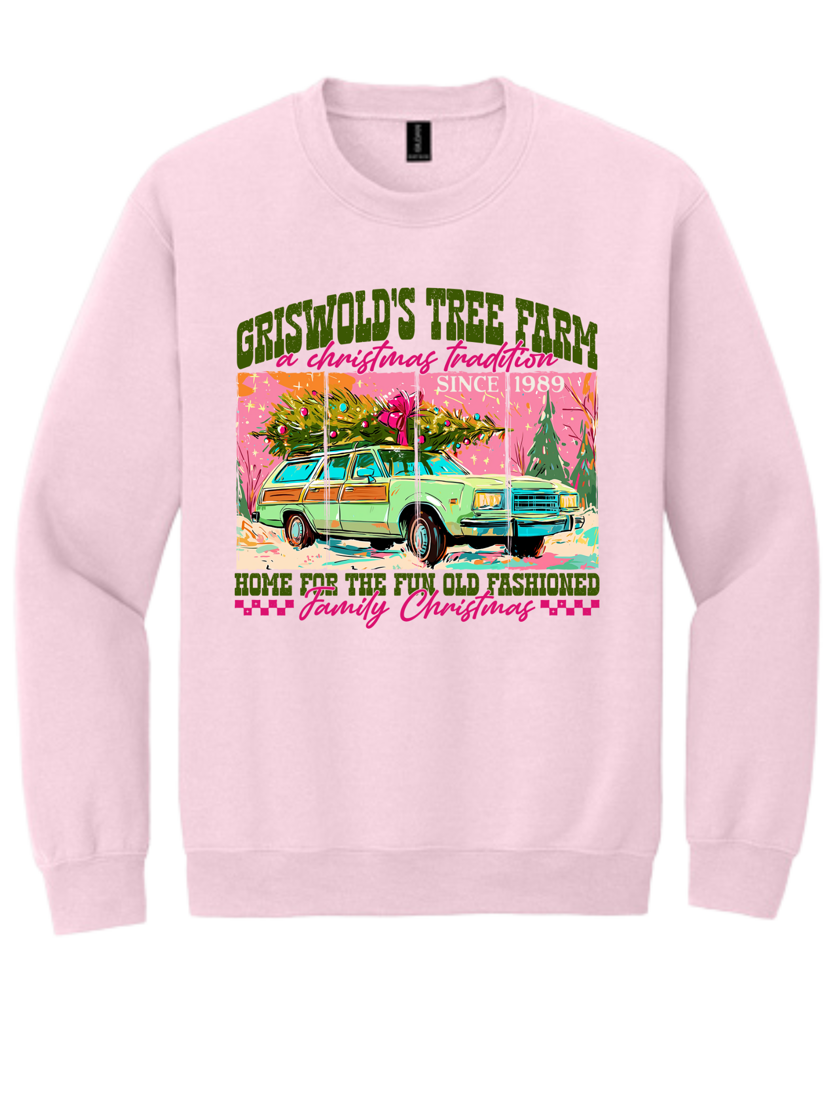 Light pink sweatshirt with a colorful “Briarwood’s Tree Farm” graphic on the front.