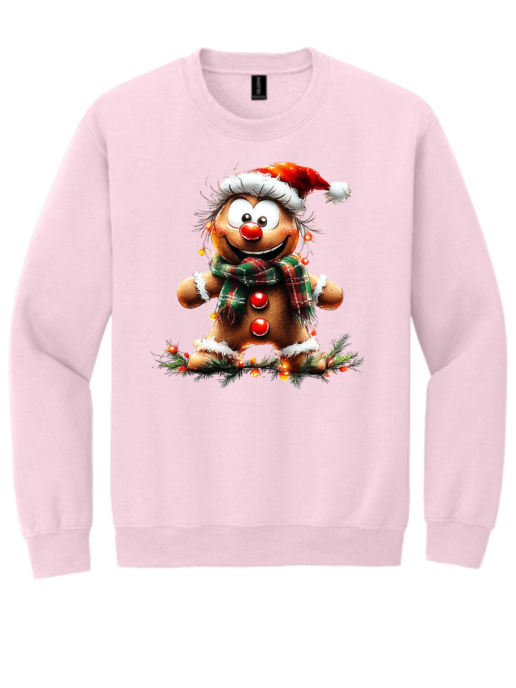 Pink sweatshirt with a festive snowman in a Santa hat and scarf on the front