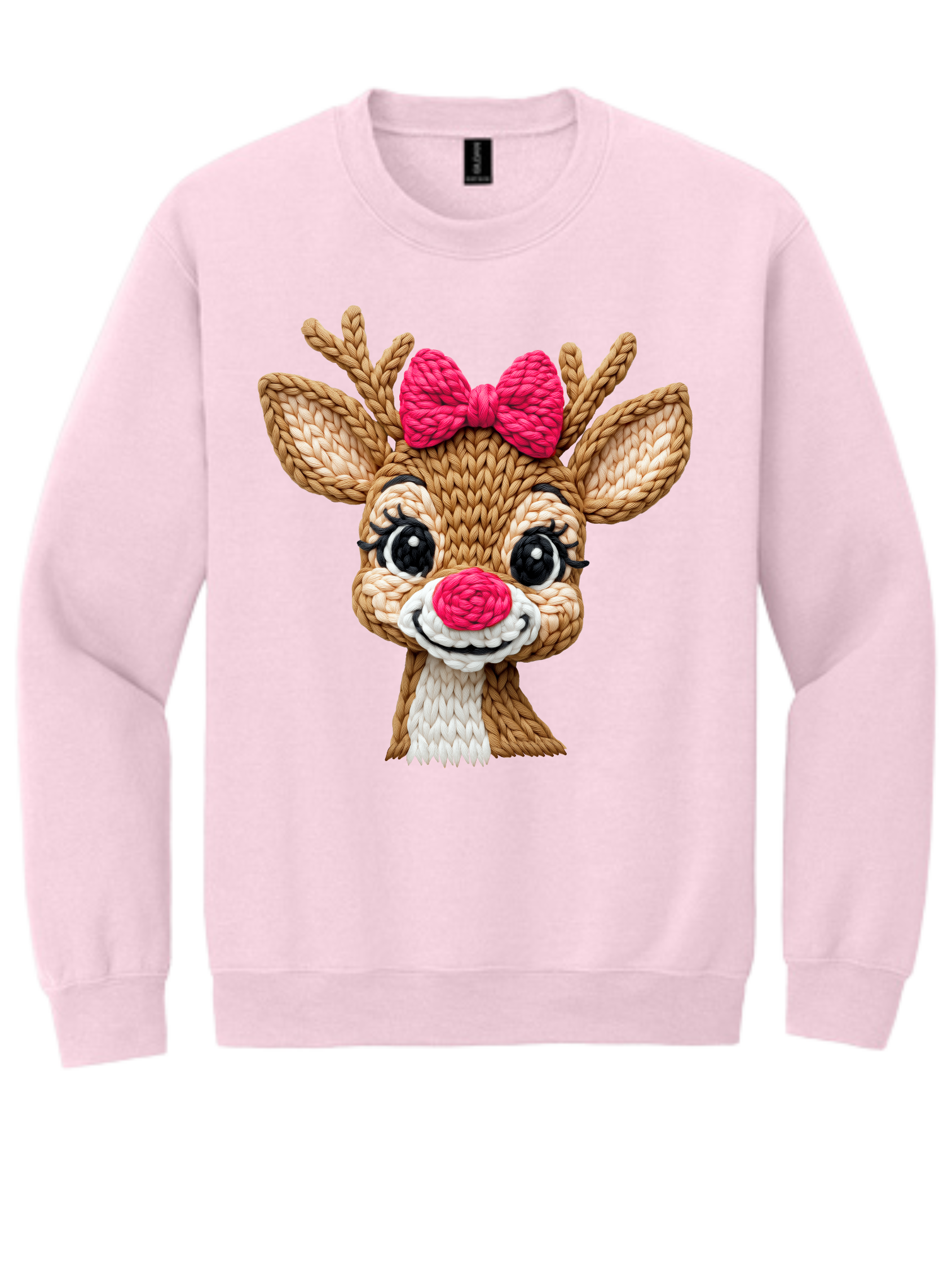Light pink sweatshirt with a glittery reindeer face and pink bow on the front