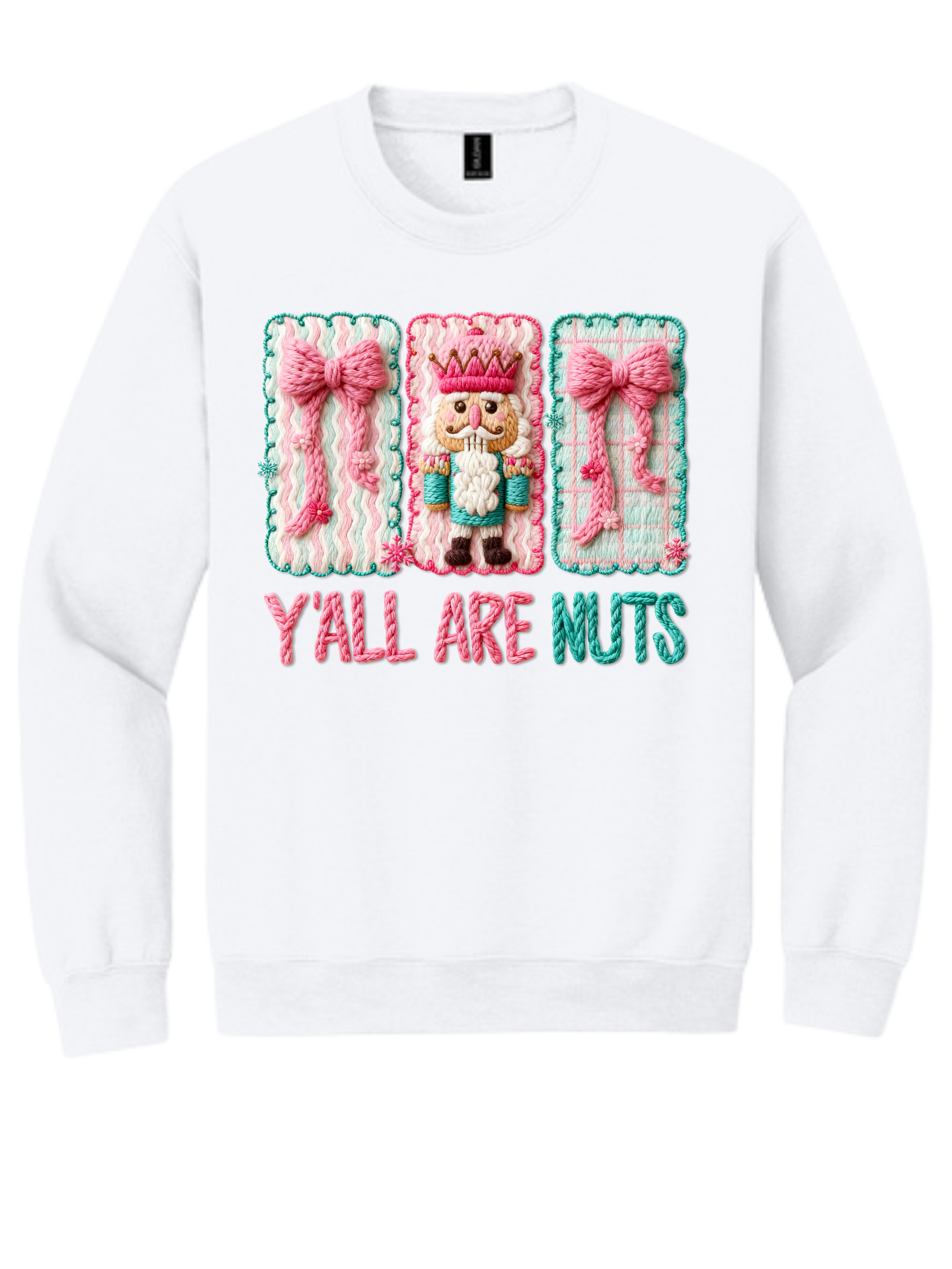 White sweatshirt with pink floral graphic panels and the text “Y’ALL ARE MINTS” in pink and green.