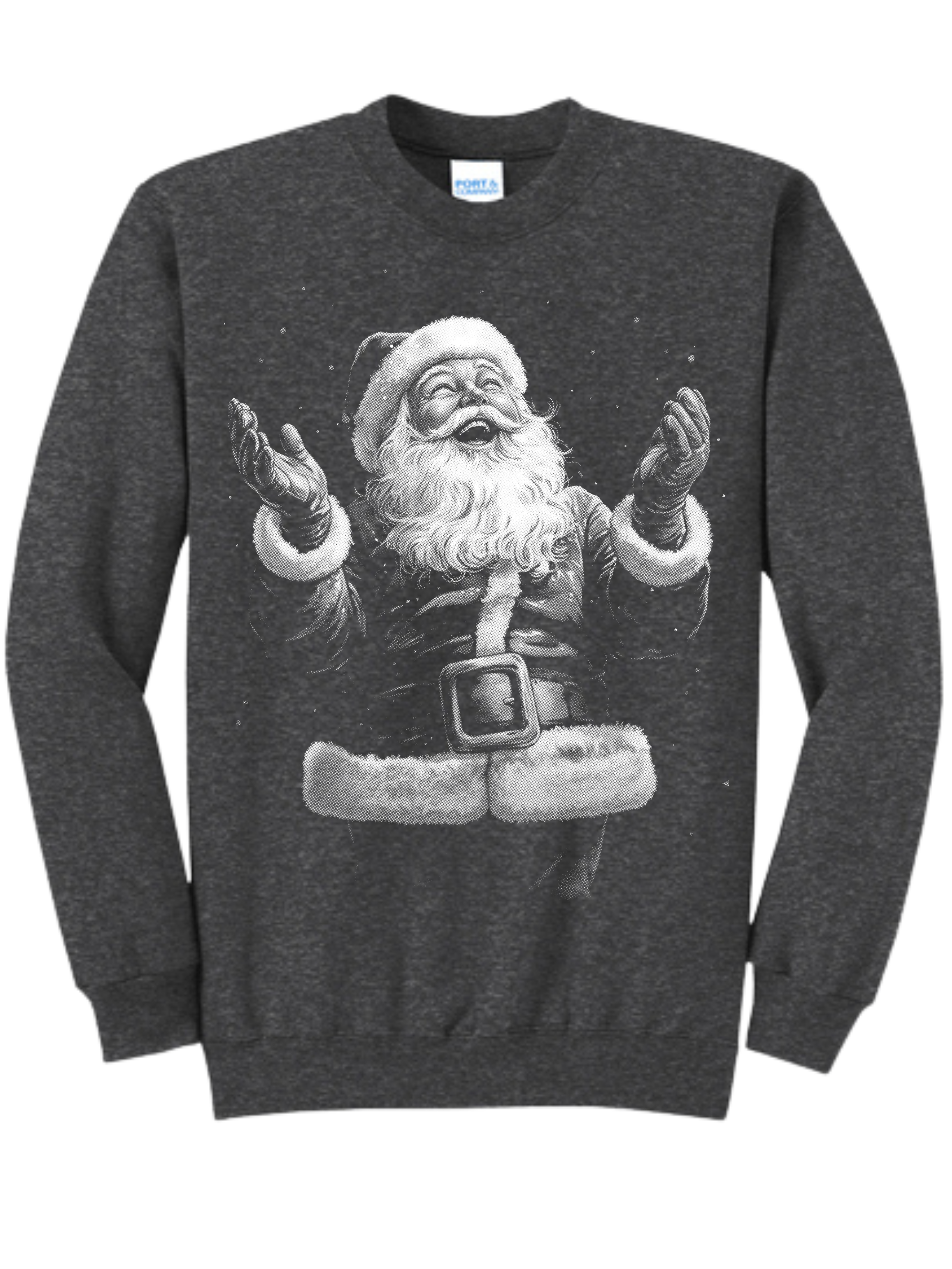 Dark gray sweater with a white Santa Claus graphic on the front