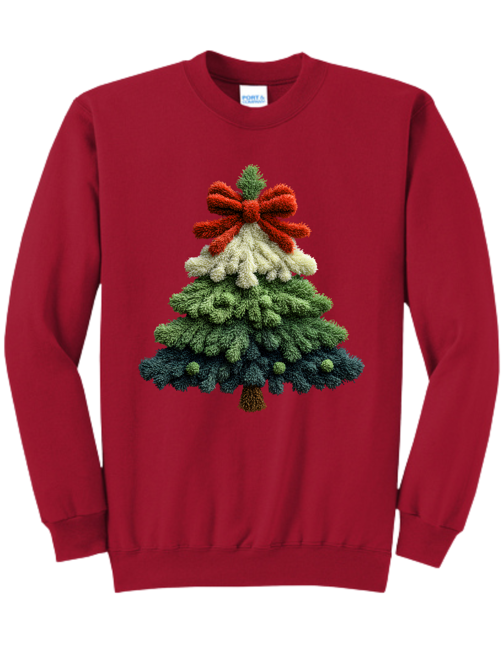Red sweater with a Christmas tree made of green and white pom-poms and a red bow on the front