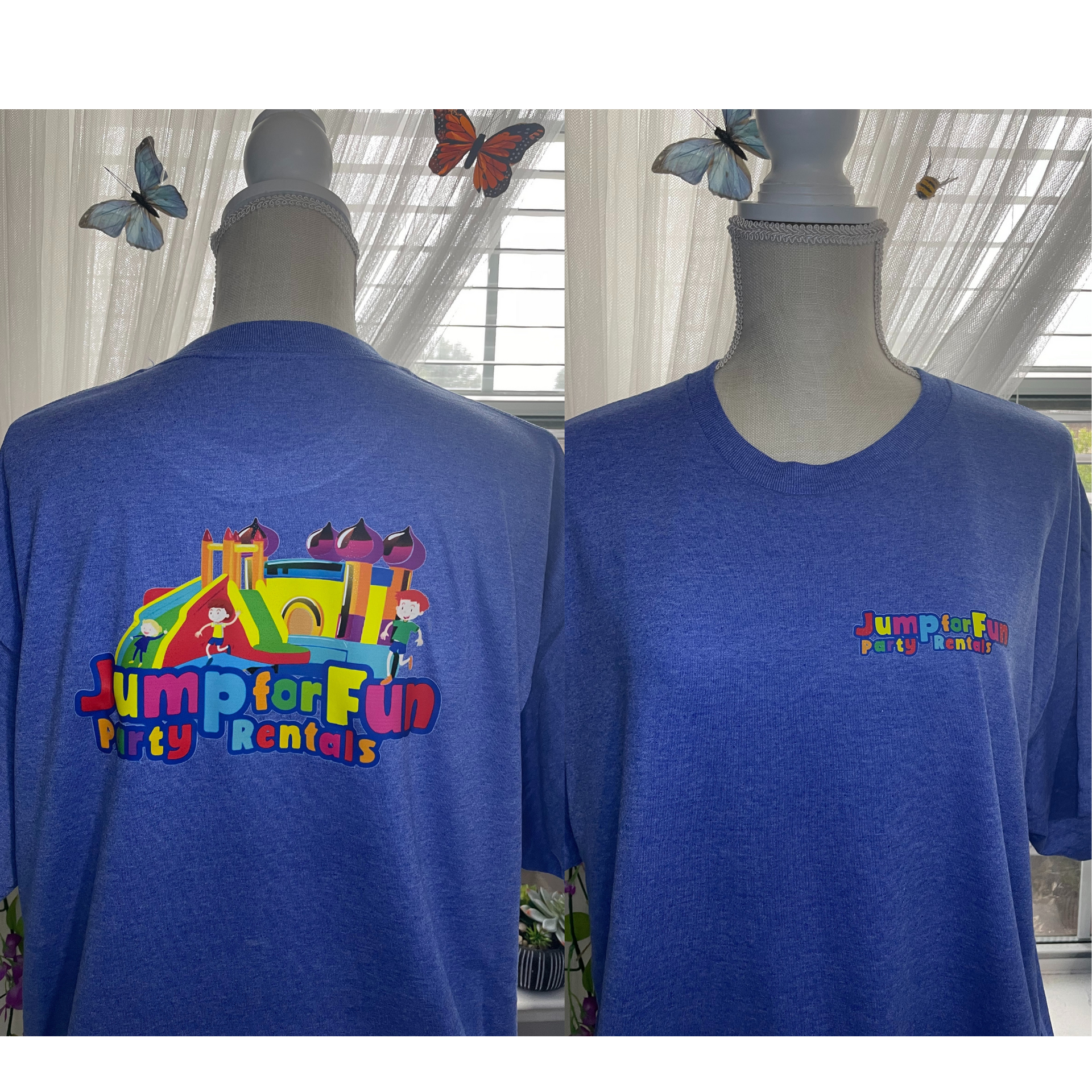 Blue T-shirt showing front and back, with colorful “Jump for Fun” logo on a mannequin.